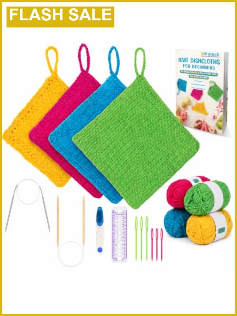 Beginner Knitting Kit with Circular Needles, Yarn, Dishcloth Patterns